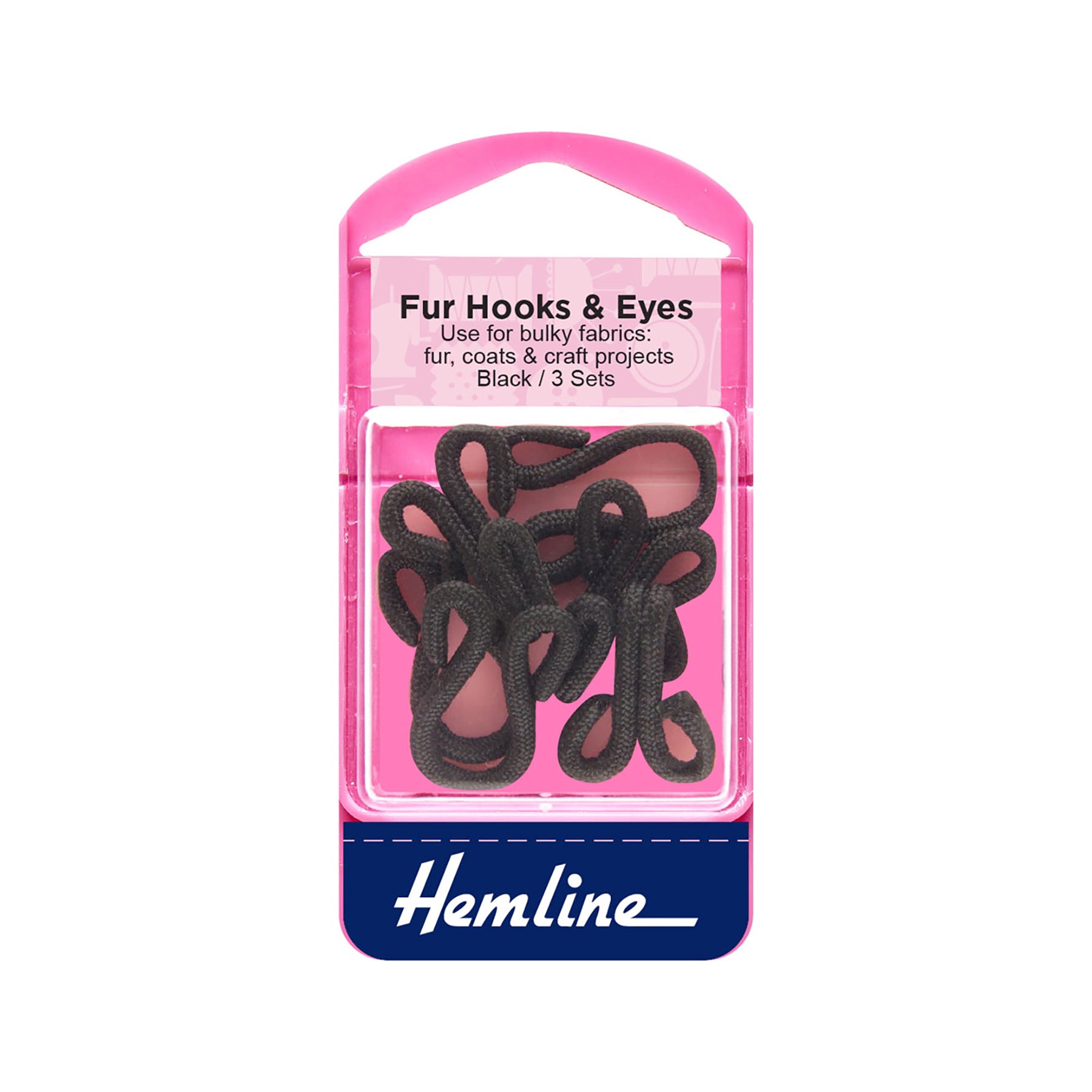 FUR HOOKS AND EYES COVERED PACK 3 BLACK JackStock Haberdashery