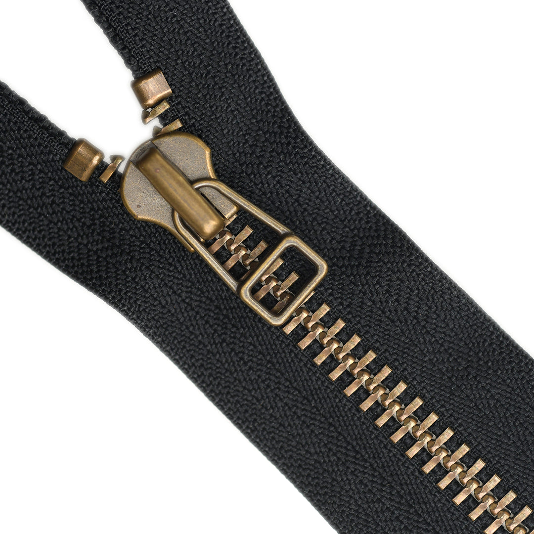 YKK METAL CLOSED-END ZIP NO.10 ANTIQUE GOLD WIRE PULL COL 580 BLACK