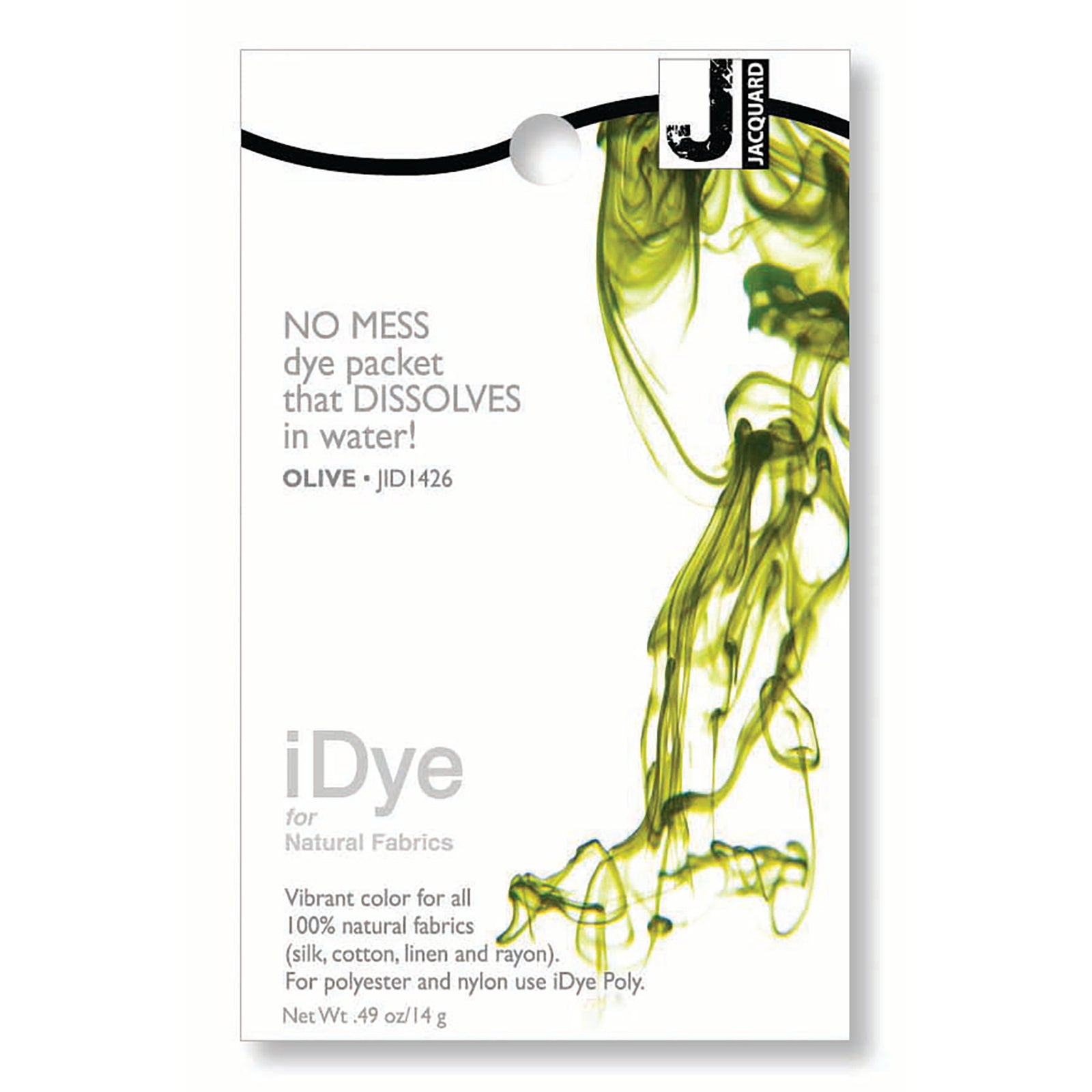 iDye dye packet in olive green for natural fabrics on a white background