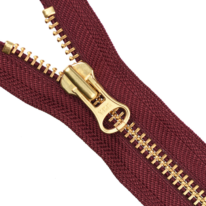 YKK METAL OPEN-END ZIP NO.8 GOLD SHORT-PULL COL 527 BURGUNDY