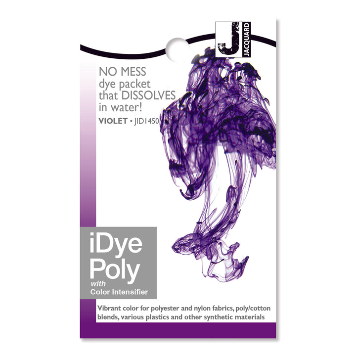 iDye Poly dye packet for fabric with blue ink design on a white background