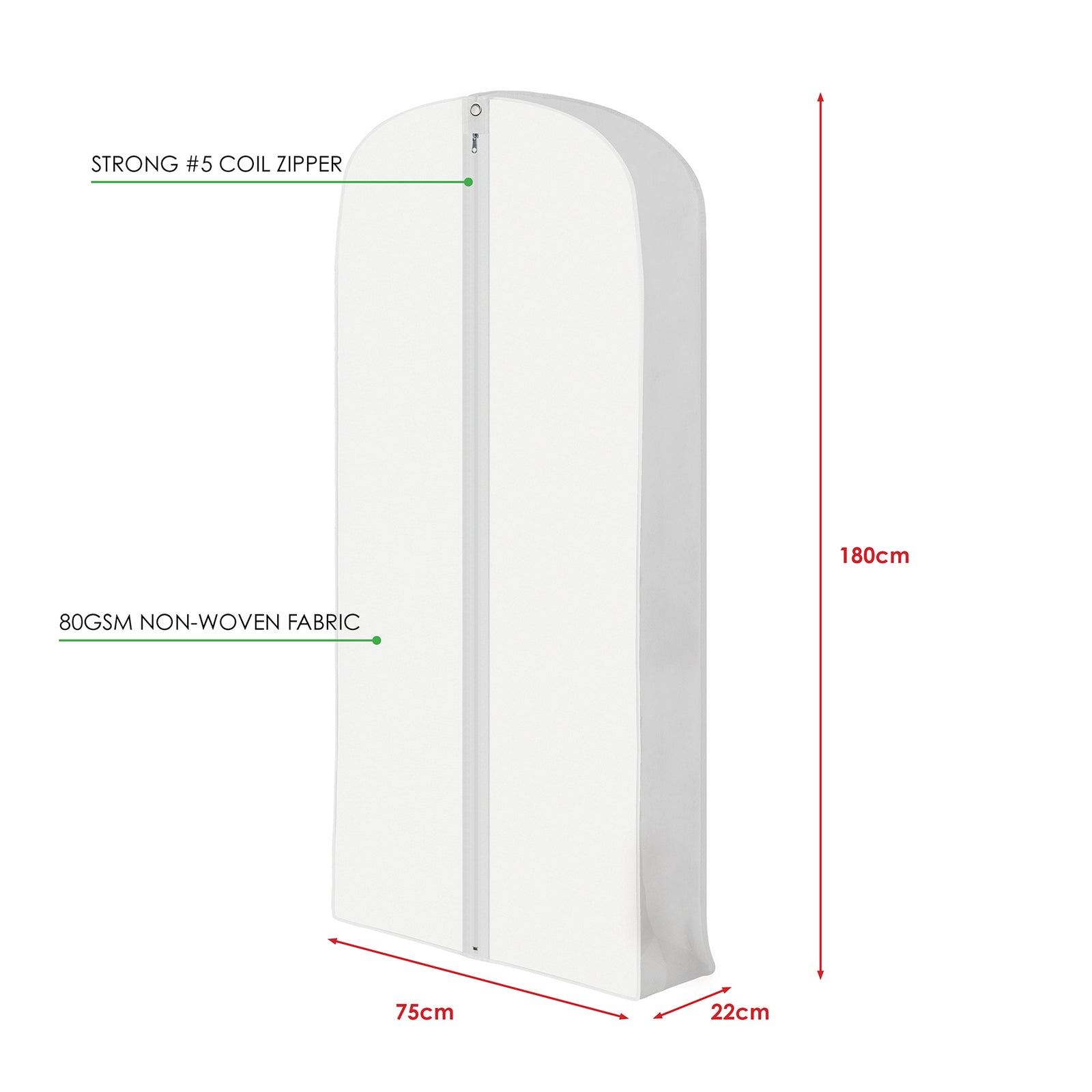 White garment cover with measurements and fabric details on a white background
