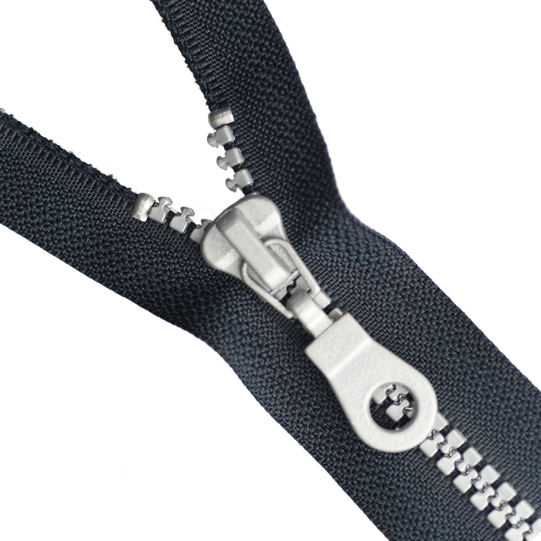 CHUNKY OPEN-END ZIP NO.5 DONUT-DROP COL NAVY WITH SILVER ELEMENTS