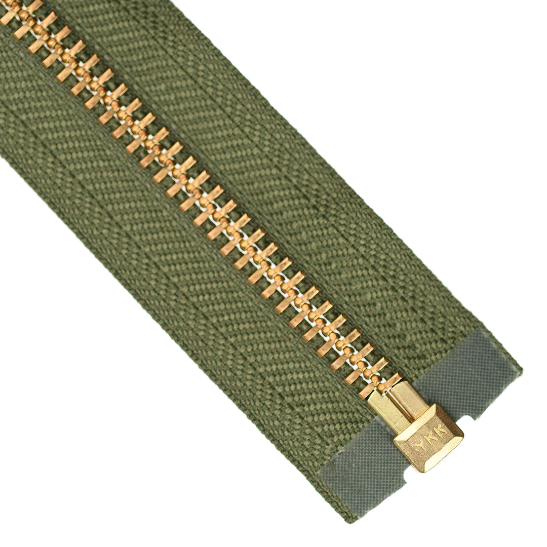 YKK METAL OPEN-END ZIP NO.8 GOLD SHORT-PULL COL 566 HUNTER GREEN