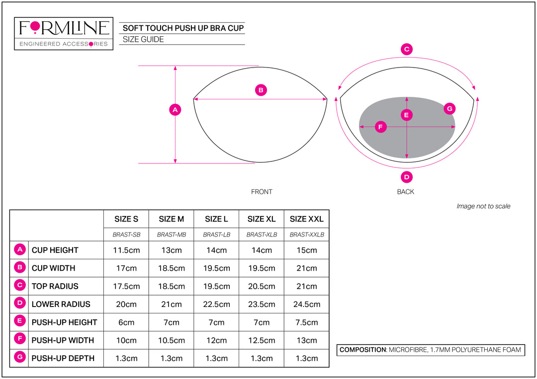 Size guide for Formline soft touch push-up bra cups with measurements and dimensions.