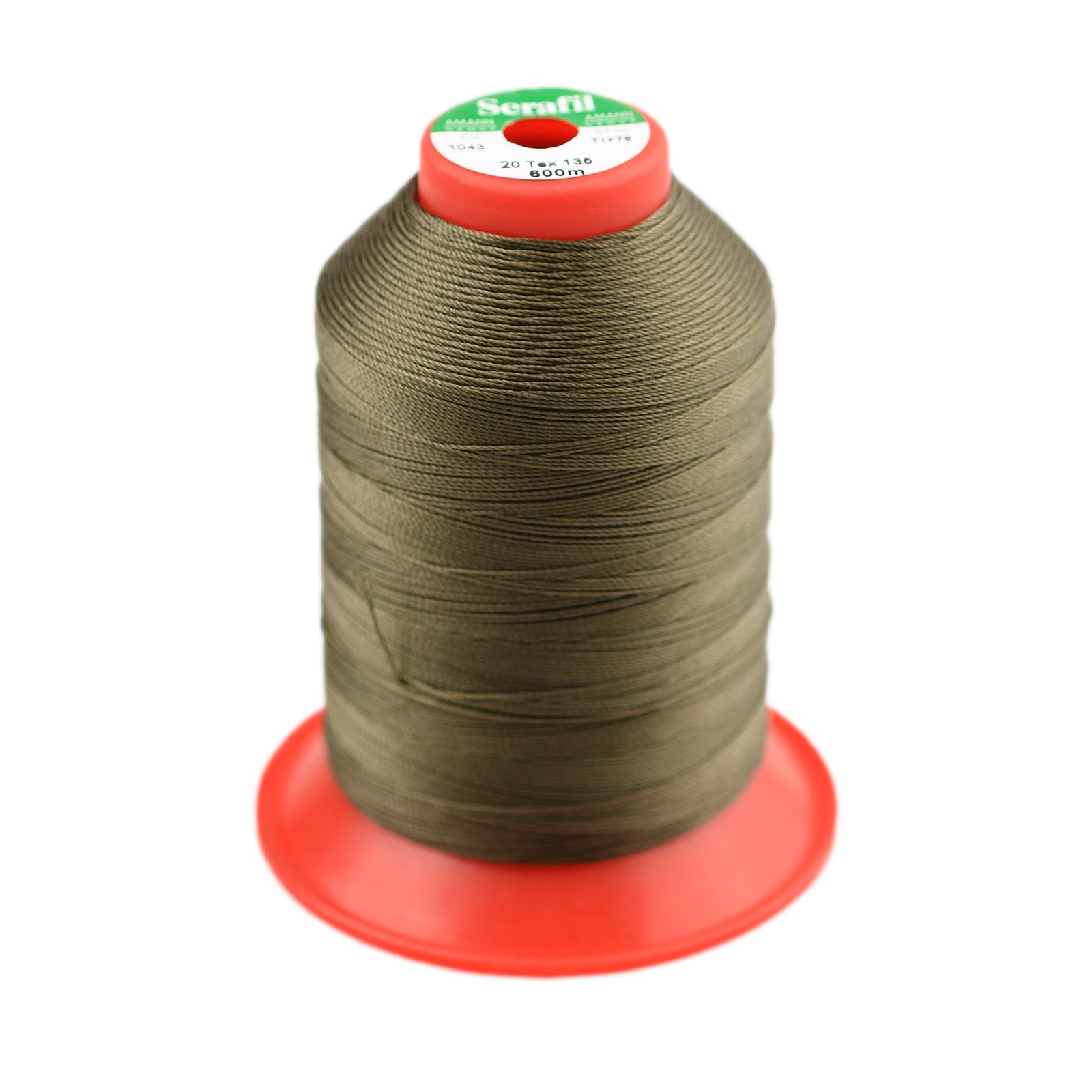 Spool of khaki green thread on a white background