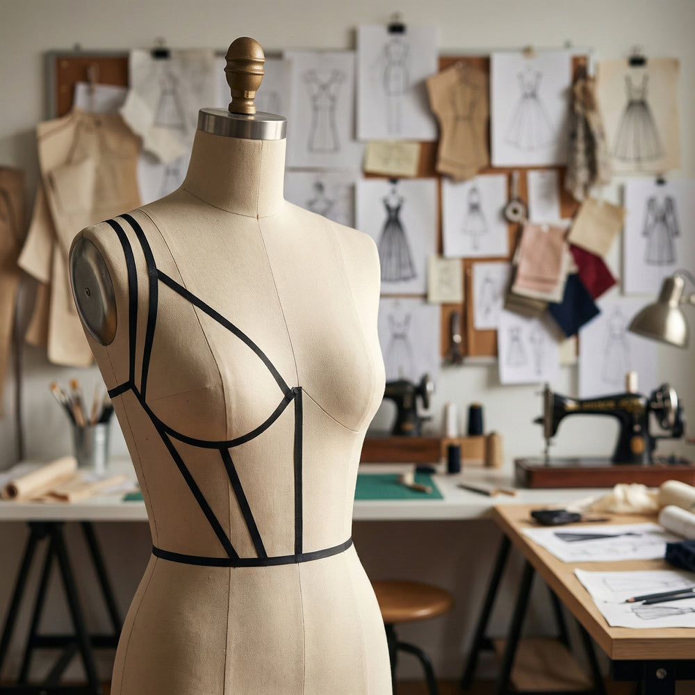 dressmaking mannequin with draping tape in design studio