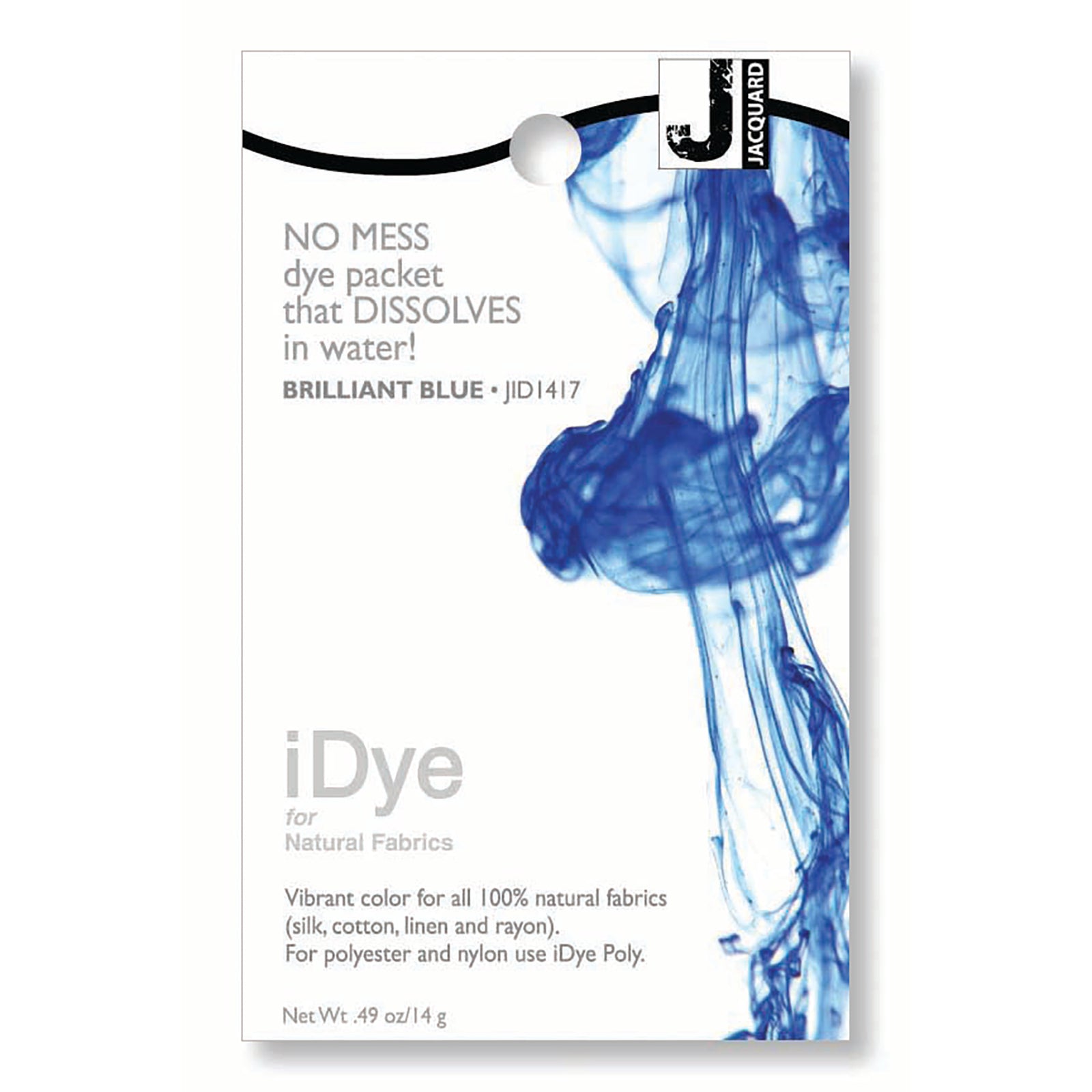 iDye fabric dye packet for natural fabrics with blue ink design on a white background