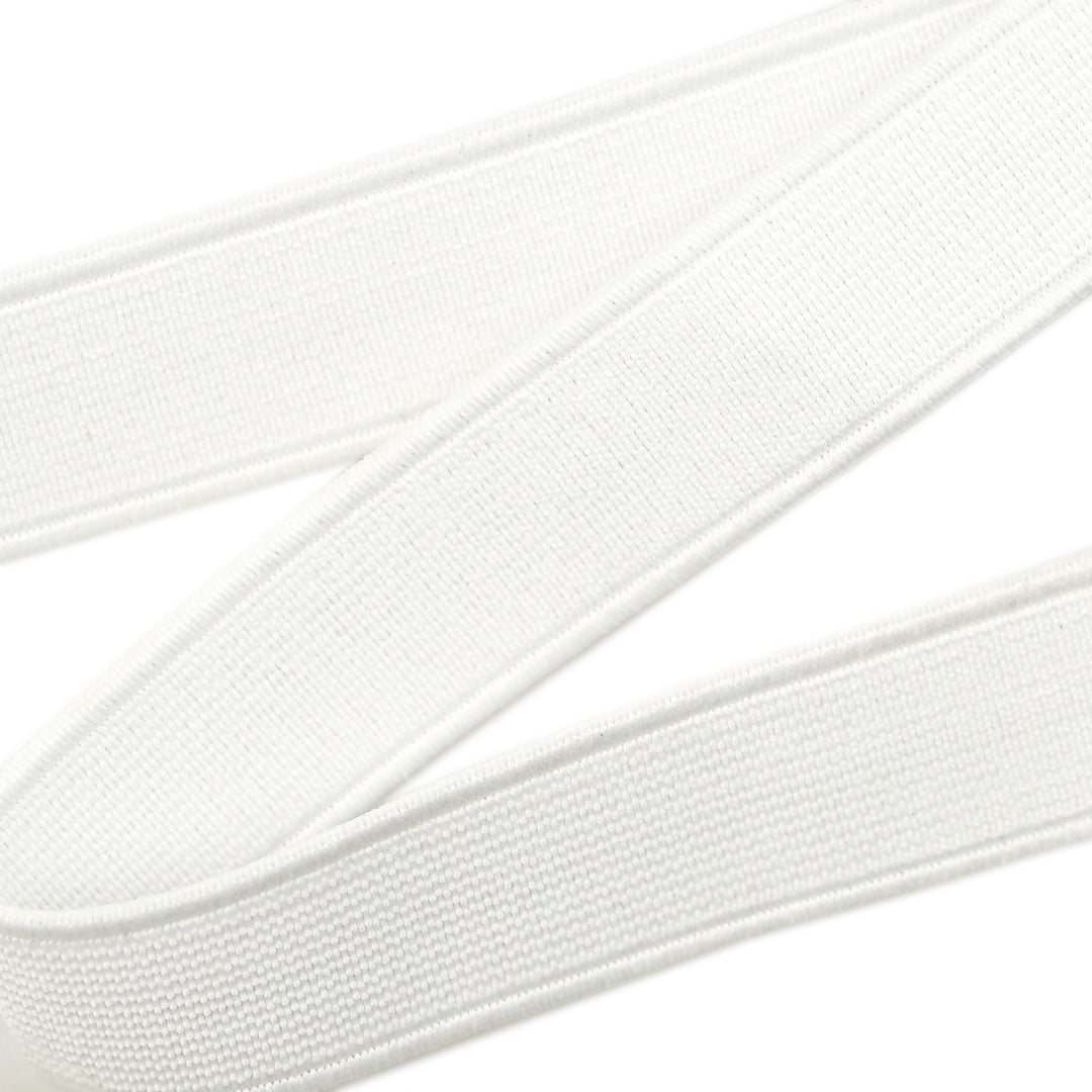 Close-up of white woven elastic on a white background