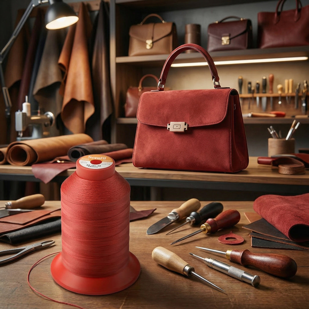 Large spool of leather thread and red leather handbag on a workbench with sewing tools and materials in a workshop setting.