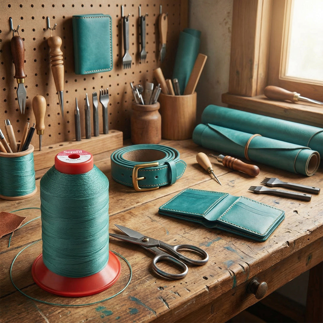 Workbench with leather crafting tools and materials including spool of thread, scissors, and leather pieces.