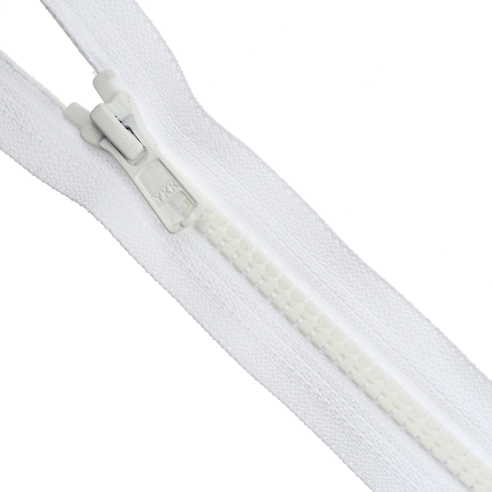 Close-up of a white YKK Vislon zipper on a white background