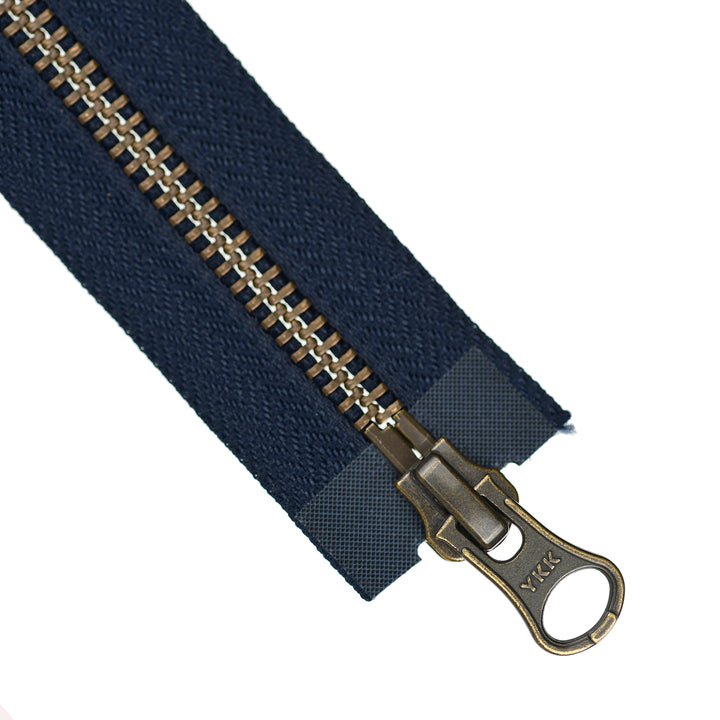 YKK METAL OPEN-END TWO-WAY ZIP NO.5 ANTIQUE GOLD COL 058 VERY DARK BLUE