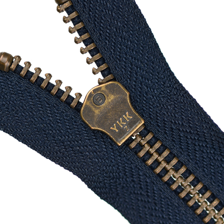 YKK METAL OPEN-END TWO-WAY ZIP NO.5 ANTIQUE GOLD COL 058 VERY DARK BLUE