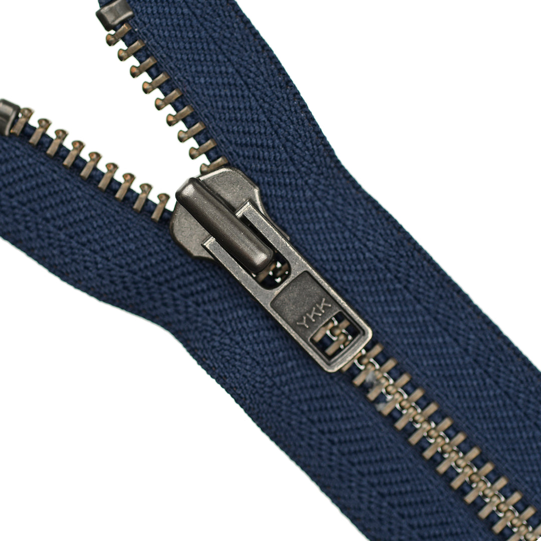 YKK METAL OPEN-END ZIP NO.8 ANTIQUE NICKEL COL 058 VERY DARK BLUE